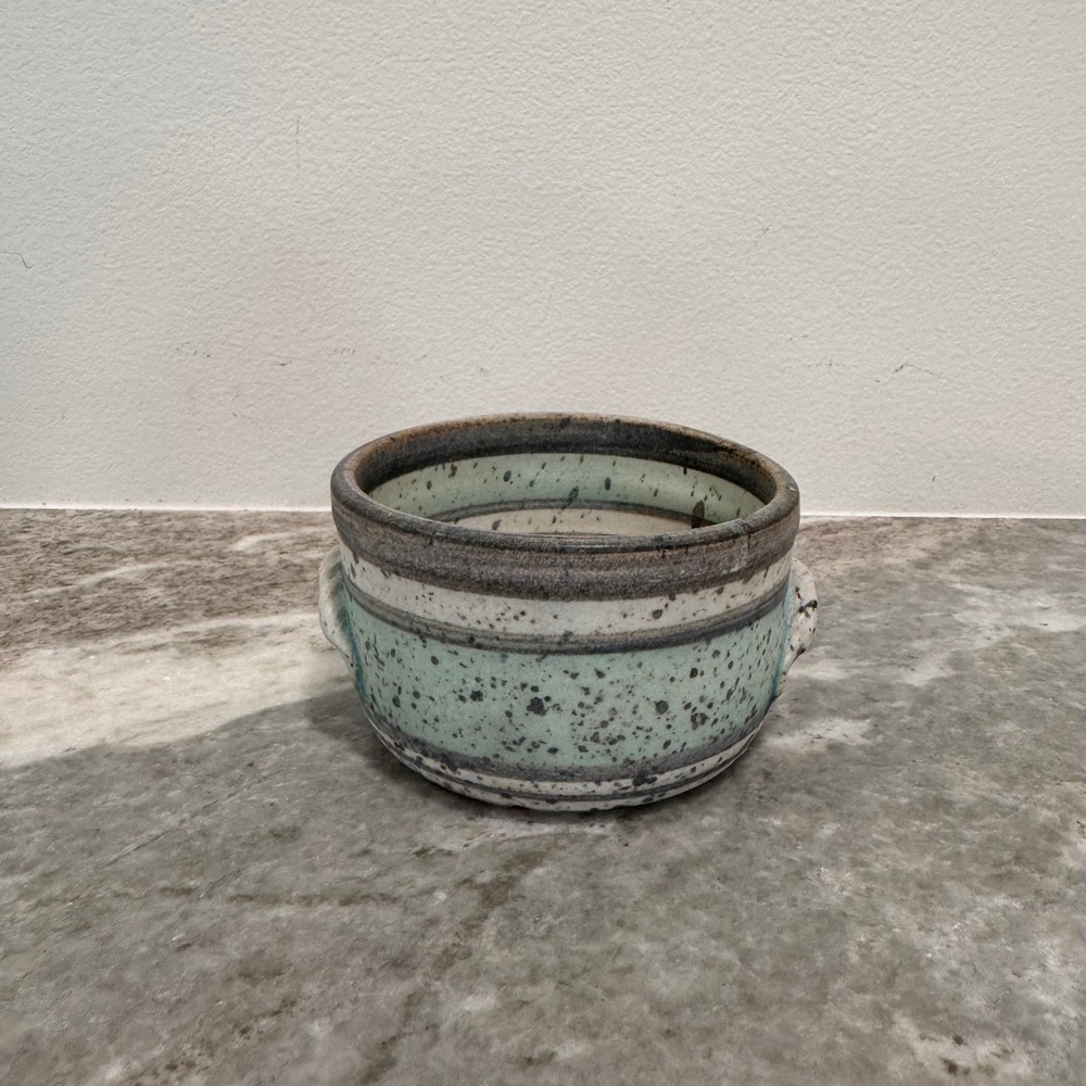 Studio Pottery Signed Stoneware Bowl Leaf Impression Speckled Mint Green Brown